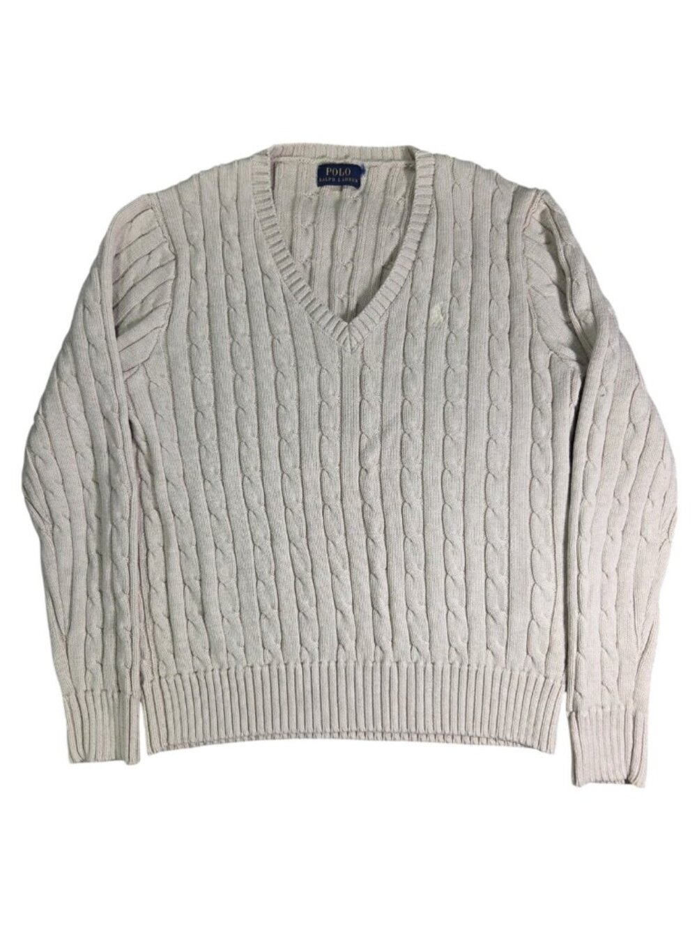 Polo Ralph Lauren Womens Cable Knit Cotton Cream Pony V Neck Sweater Sz Large